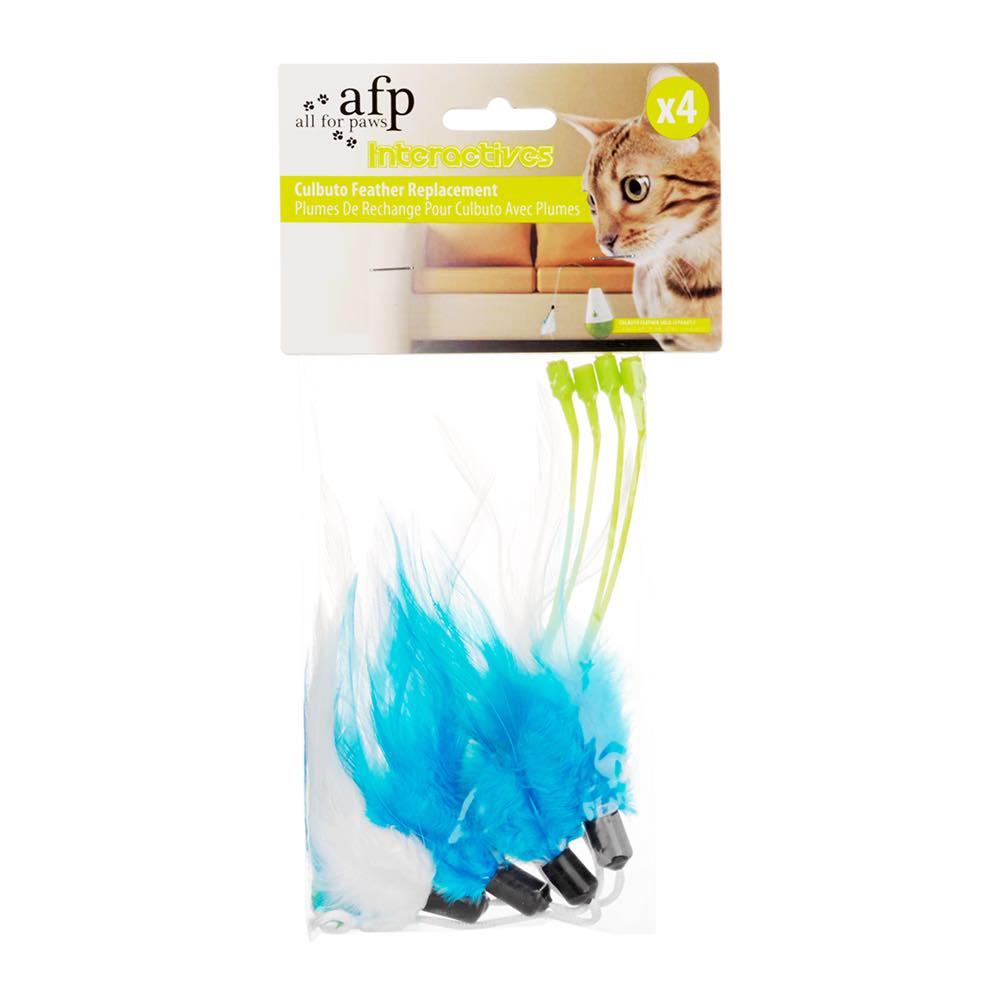 Four colorful replacement feathers for All For Paws Culbuto Feather Cat Toy, designed for engaging cat play.