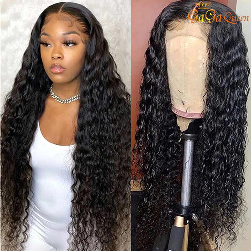 A beautiful 4x4 Lace Closure Wig featuring 180% density Brazilian deep wave texture, showcasing its soft and shiny appearance.