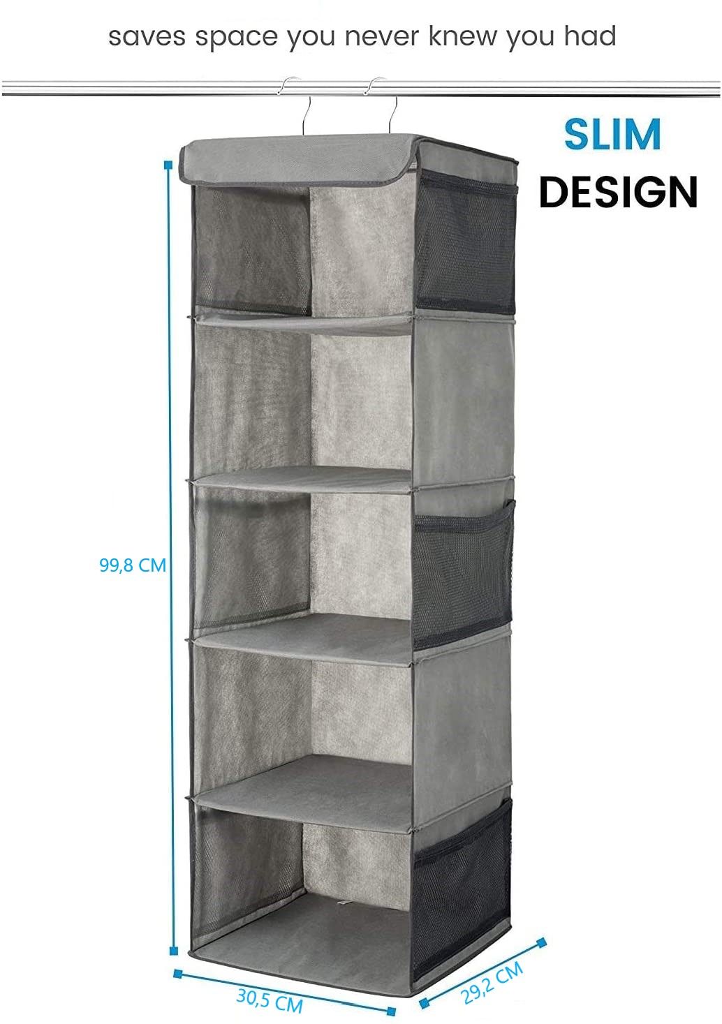 5 Foldable Shelf Hanging Closet Organizer with side pockets, showcasing its durable design and spacious shelves for efficient storage.