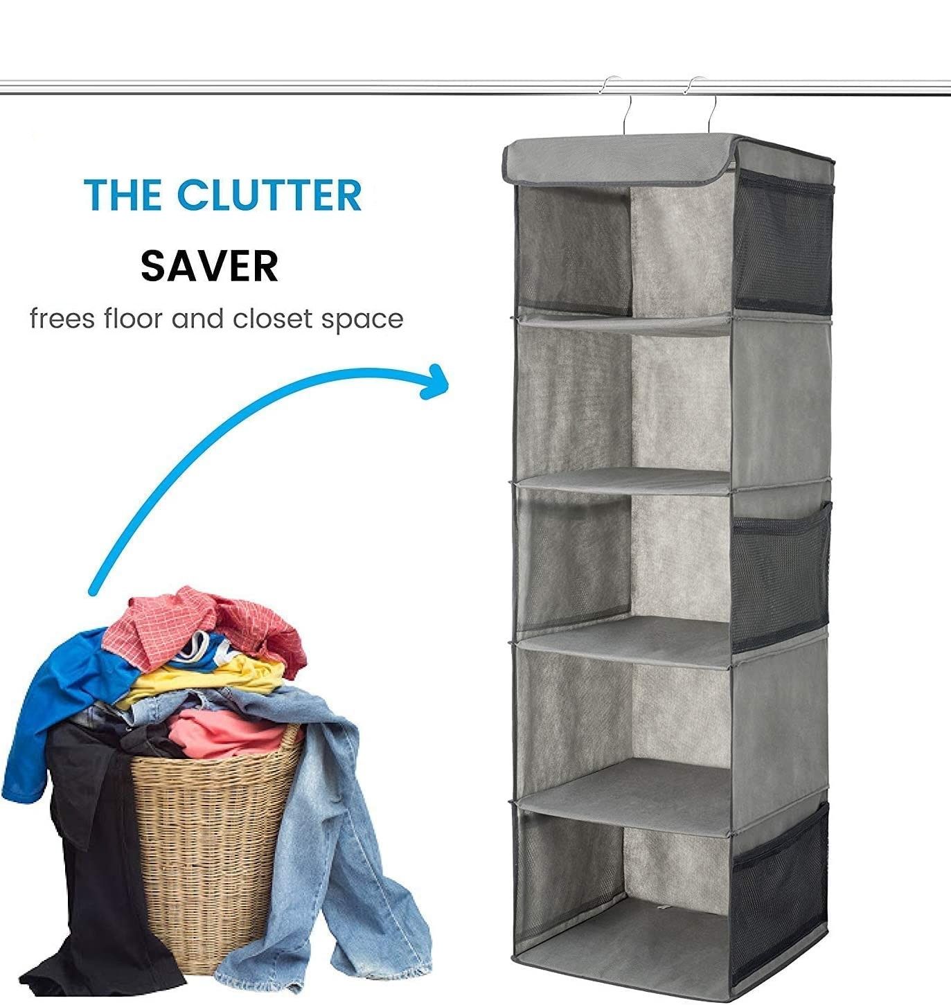 5 Foldable Shelf Hanging Closet Organizer with side pockets, showcasing its durable design and spacious shelves for efficient storage.