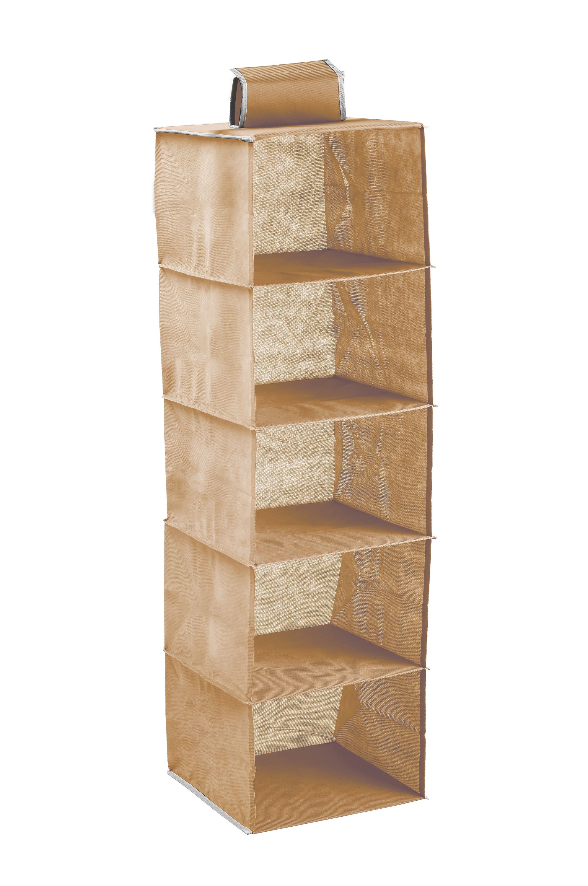 5 Tier Shelf Hanging Closet Organizer in Beige, showcasing its open shelving design and durable construction for efficient storage.