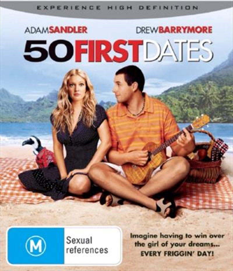 Blu-ray cover of 50 First Dates featuring Adam Sandler and Drew Barrymore in a romantic scene.