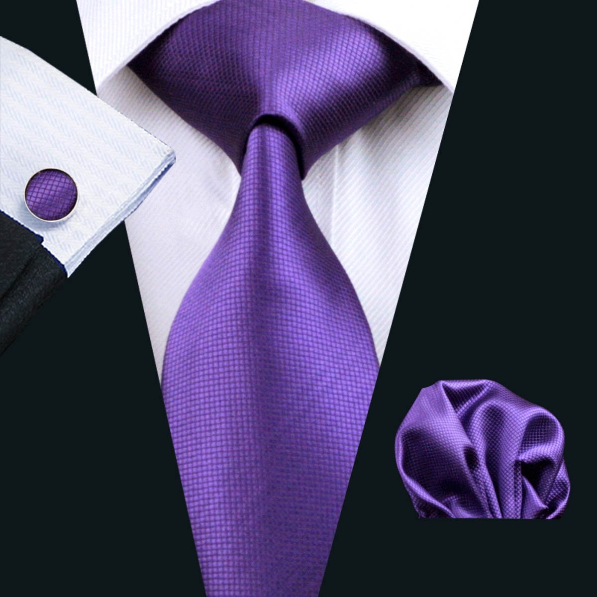 A stylish set of 50 solid color silk men's ties with matching handkerchief and cufflinks, showcasing various colors and elegant design.