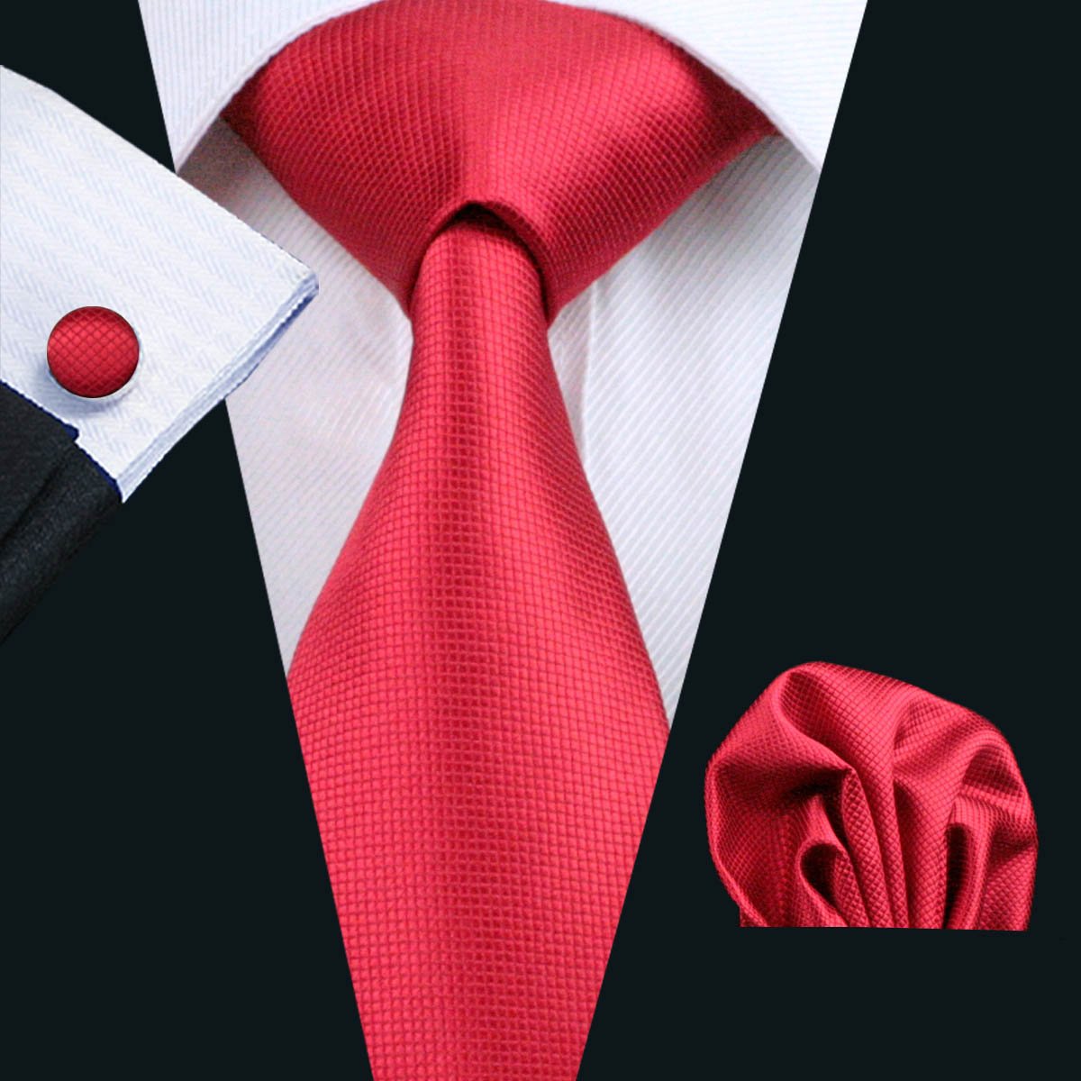 A stylish set of 50 solid color silk men's ties with matching handkerchief and cufflinks, showcasing various colors and elegant design.