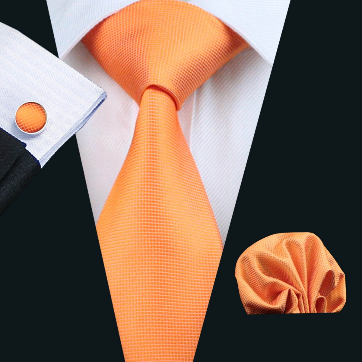 A stylish set of 50 solid color silk men's ties with matching handkerchief and cufflinks, showcasing various colors and elegant design.