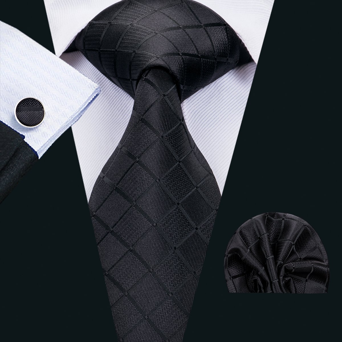 A stylish set of 50 solid color silk men's ties with matching handkerchief and cufflinks, showcasing various colors and elegant design.