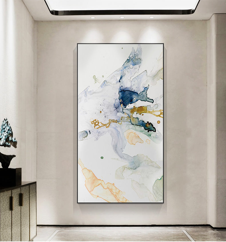 50cmx100cm Abstract Watercolour Canvas Wall Art framed in black, showcasing vibrant colors and a floating effect.