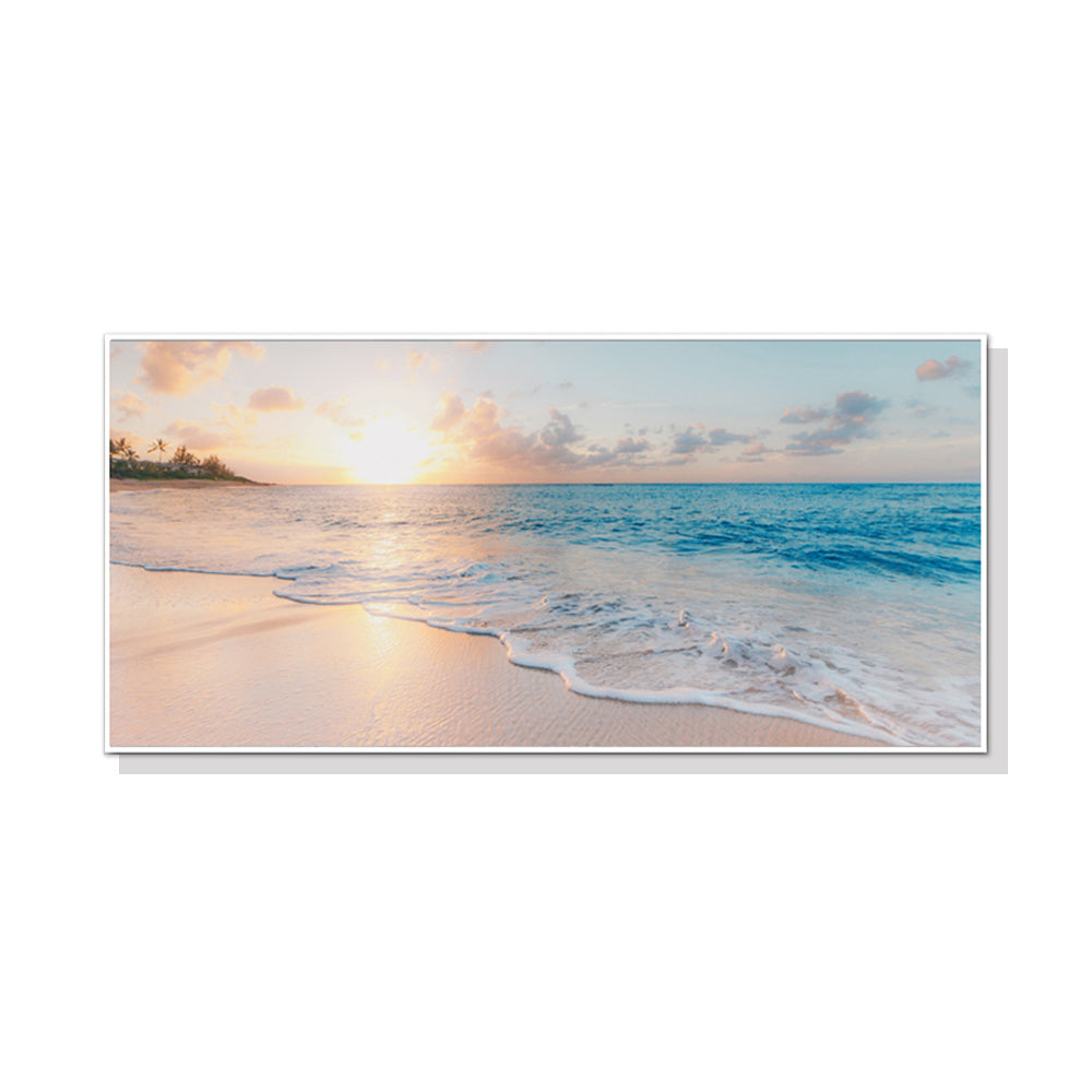 50cmx100cm Ocean and Beach Canvas framed in white, showcasing vibrant ocean waves and sandy beach, ready to hang.