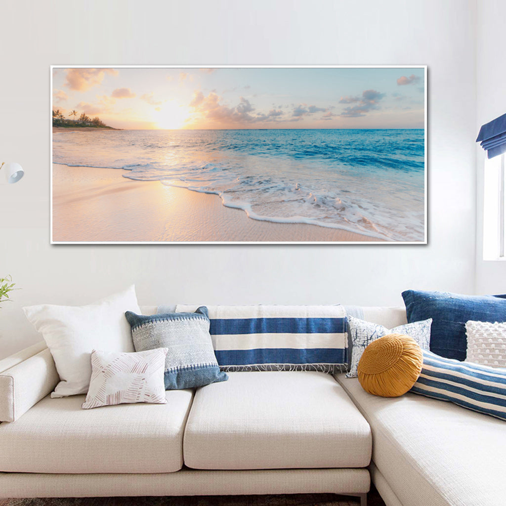 50cmx100cm Ocean and Beach Canvas framed in white, showcasing vibrant ocean waves and sandy beach, ready to hang.