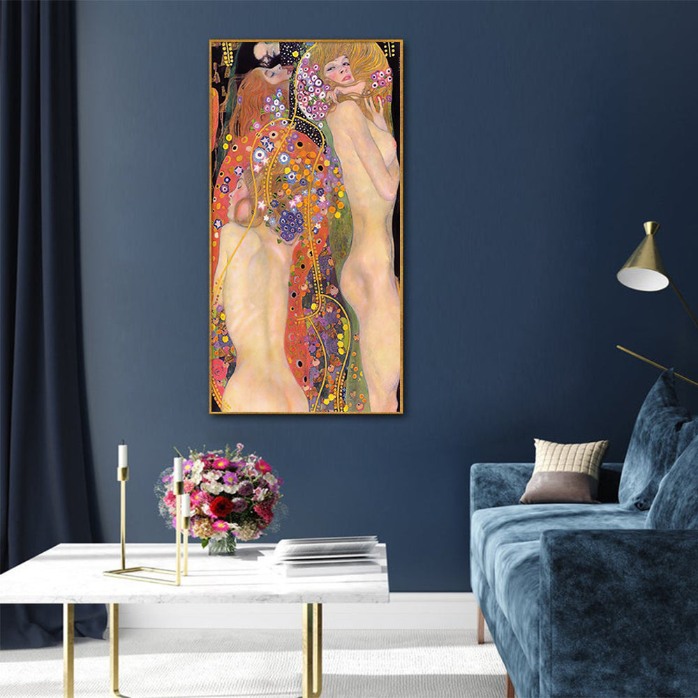 50cmx100cm canvas wall art featuring Water Serpents by Gustav Klimt, elegantly framed with a floating effect.