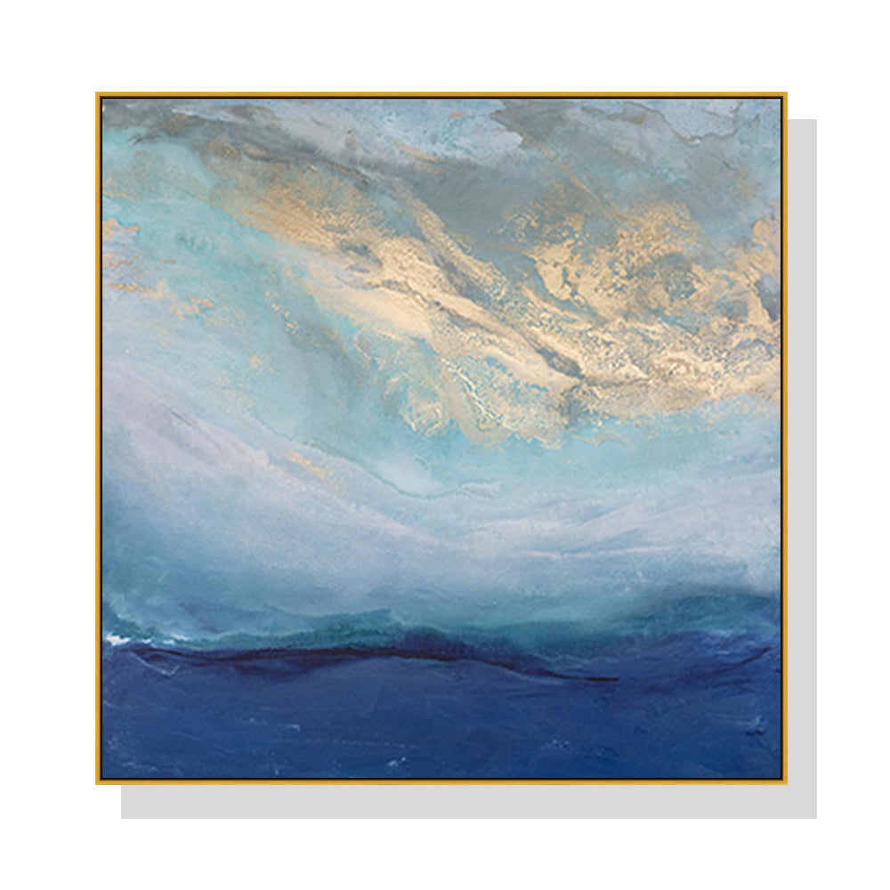 50cmx50cm abstract canvas wall art in gold and blue, framed in a luxurious gold frame, showcasing a modern design.