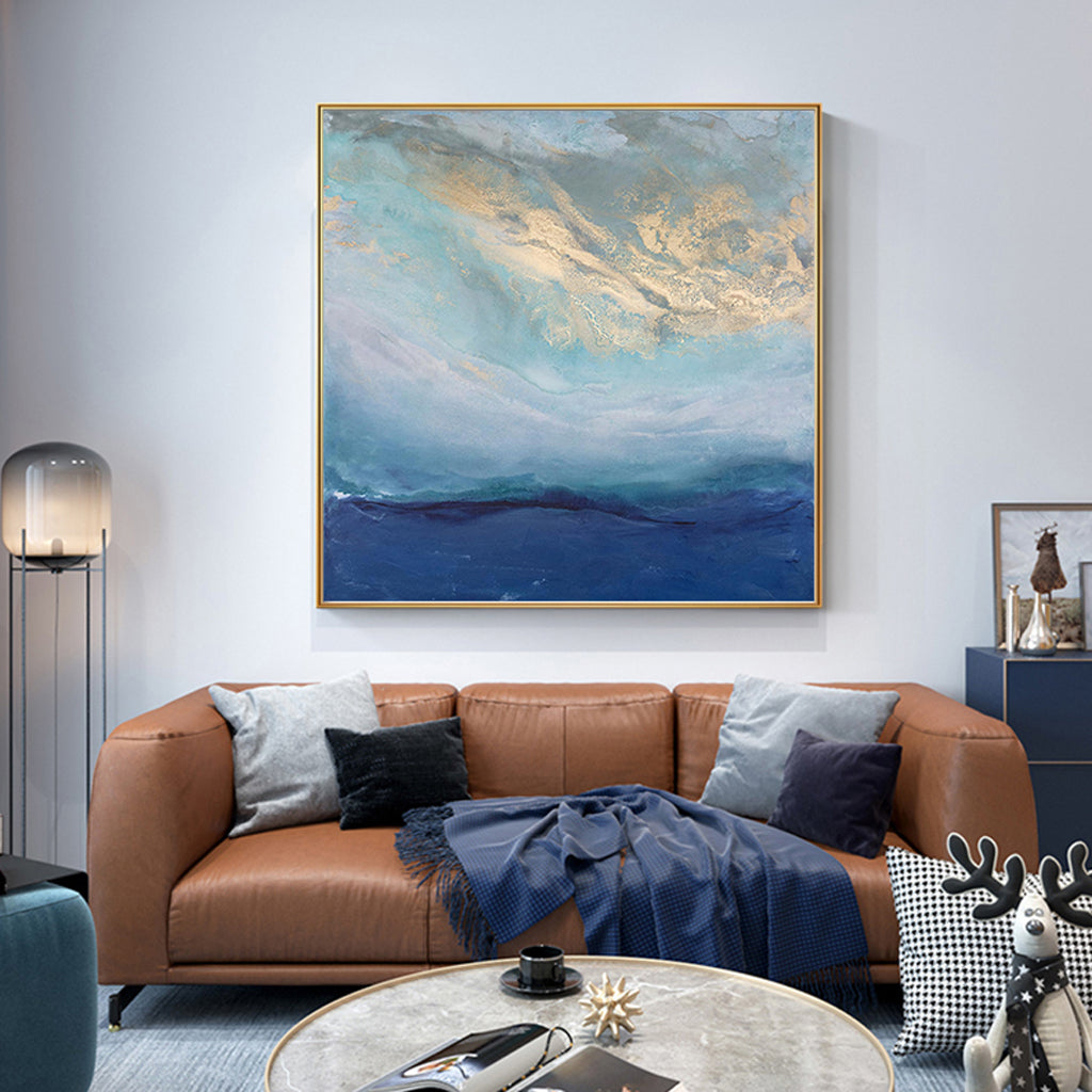 50cmx50cm abstract canvas wall art in gold and blue, framed in a luxurious gold frame, showcasing a modern design.