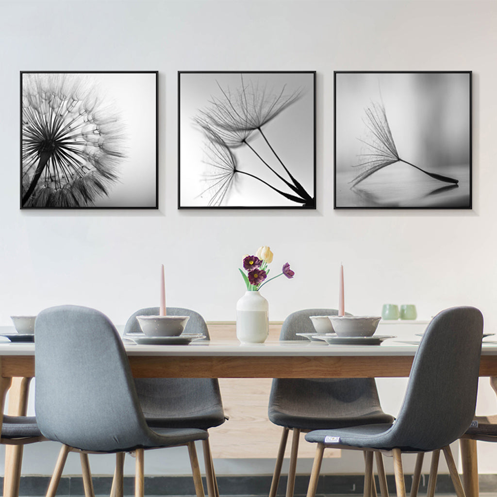 Three sets of 50cmx50cm botanical dandelion canvas wall art framed in black, showcasing vibrant colors and intricate details.