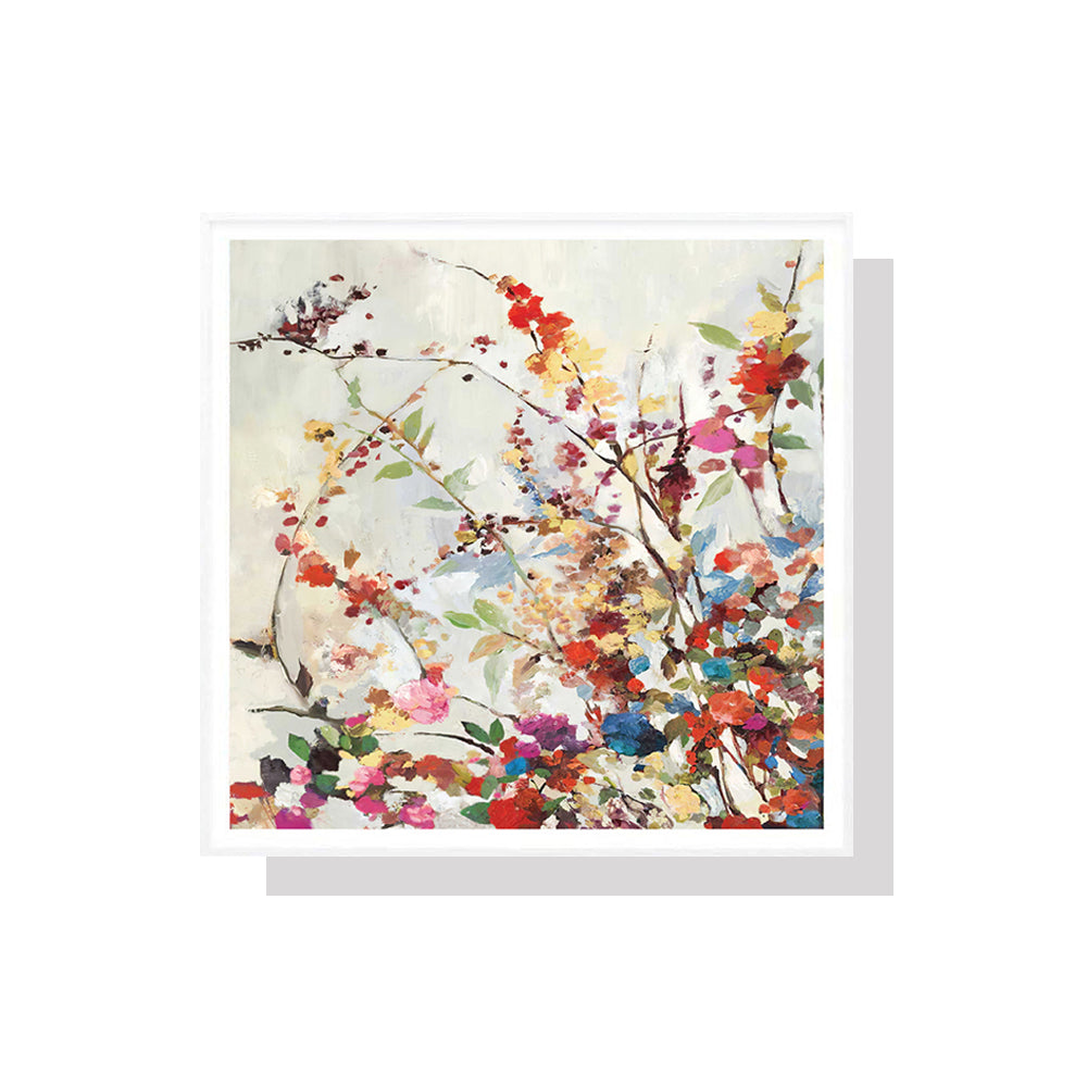 50cmx50cm white frame canvas wall art featuring a vibrant spring design, elegantly displayed with a floating effect.