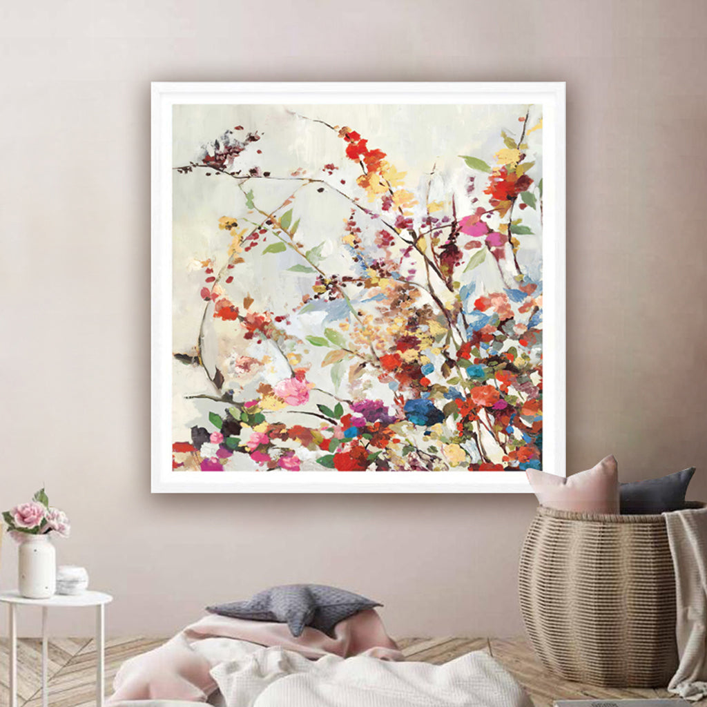 50cmx50cm white frame canvas wall art featuring a vibrant spring design, elegantly displayed with a floating effect.