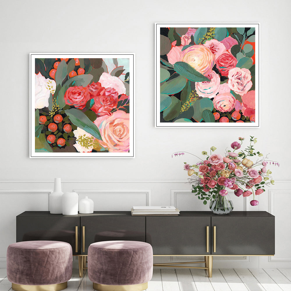 50cmx50cm Eucalyptus Bouquet canvas wall art in a white floating frame, showcasing a beautiful floral design.