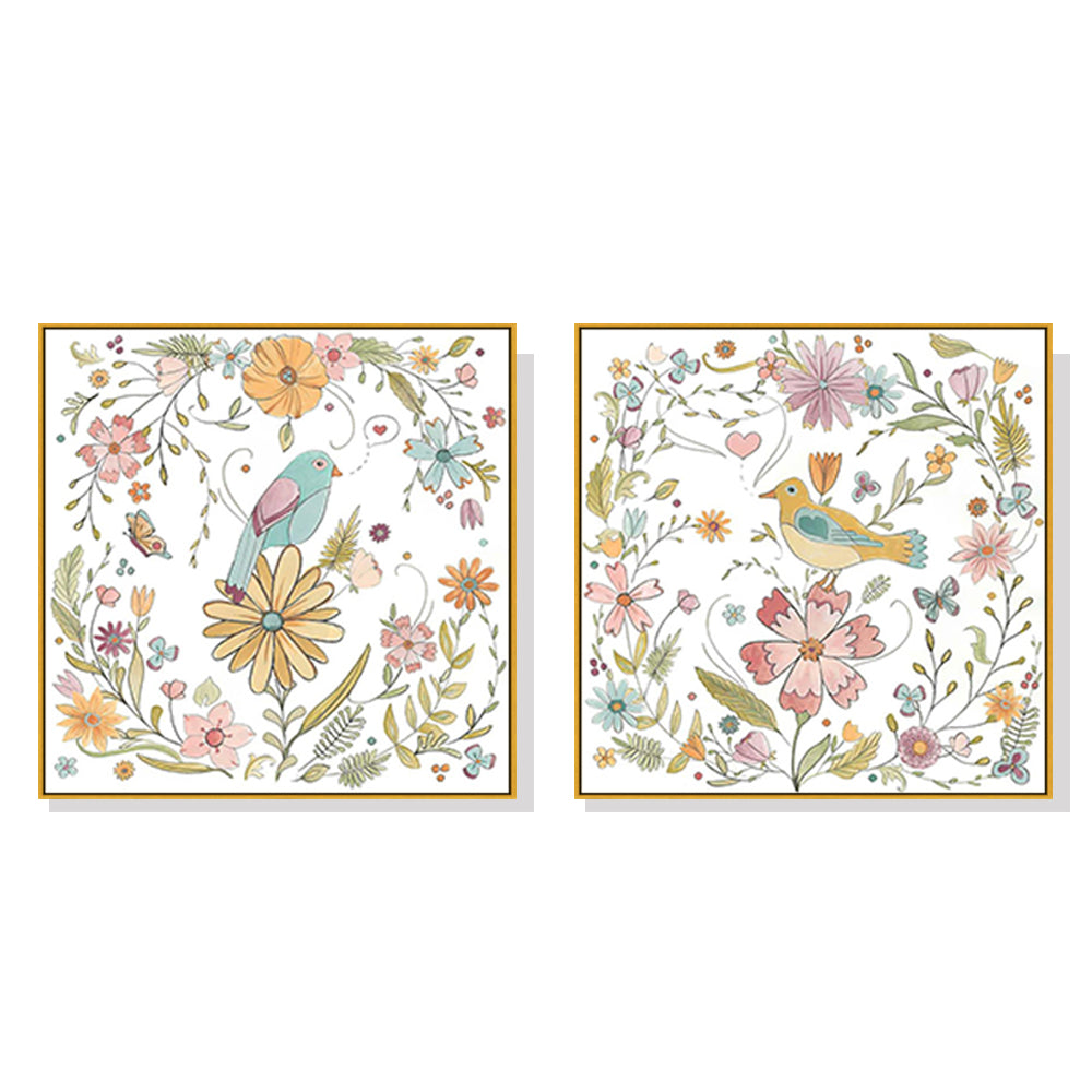 50cmx50cm Floral Birds Canvas Wall Art in a gold frame, showcasing vibrant colors and intricate designs.