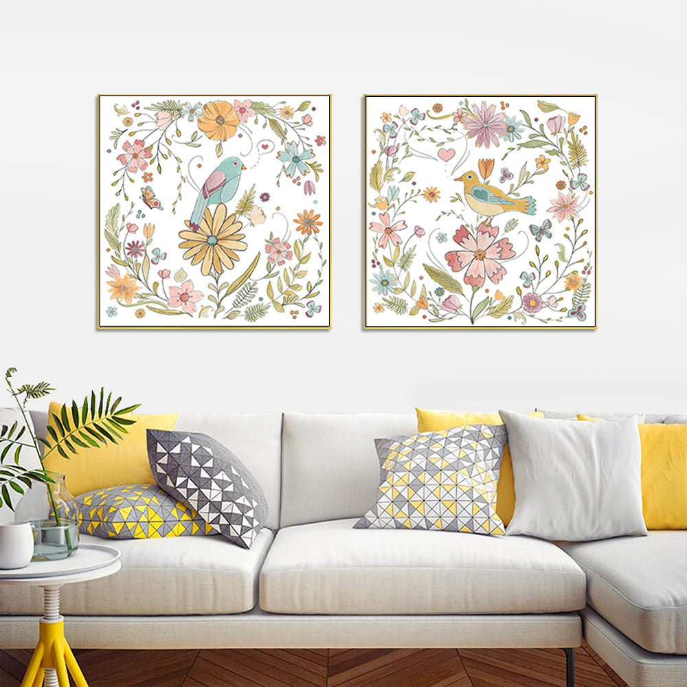 50cmx50cm Floral Birds Canvas Wall Art in a gold frame, showcasing vibrant colors and intricate designs.