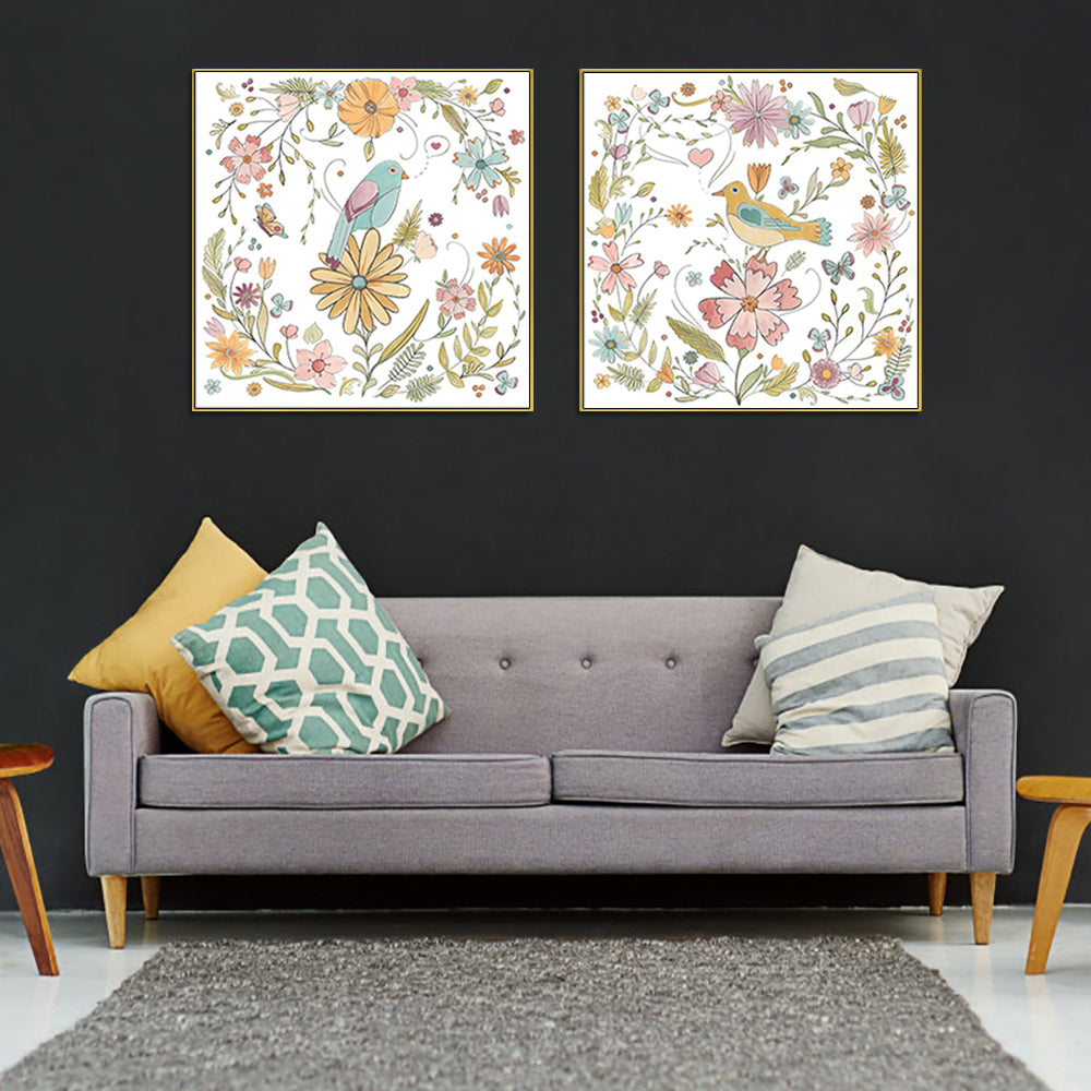 50cmx50cm Floral Birds Canvas Wall Art in a gold frame, showcasing vibrant colors and intricate designs.