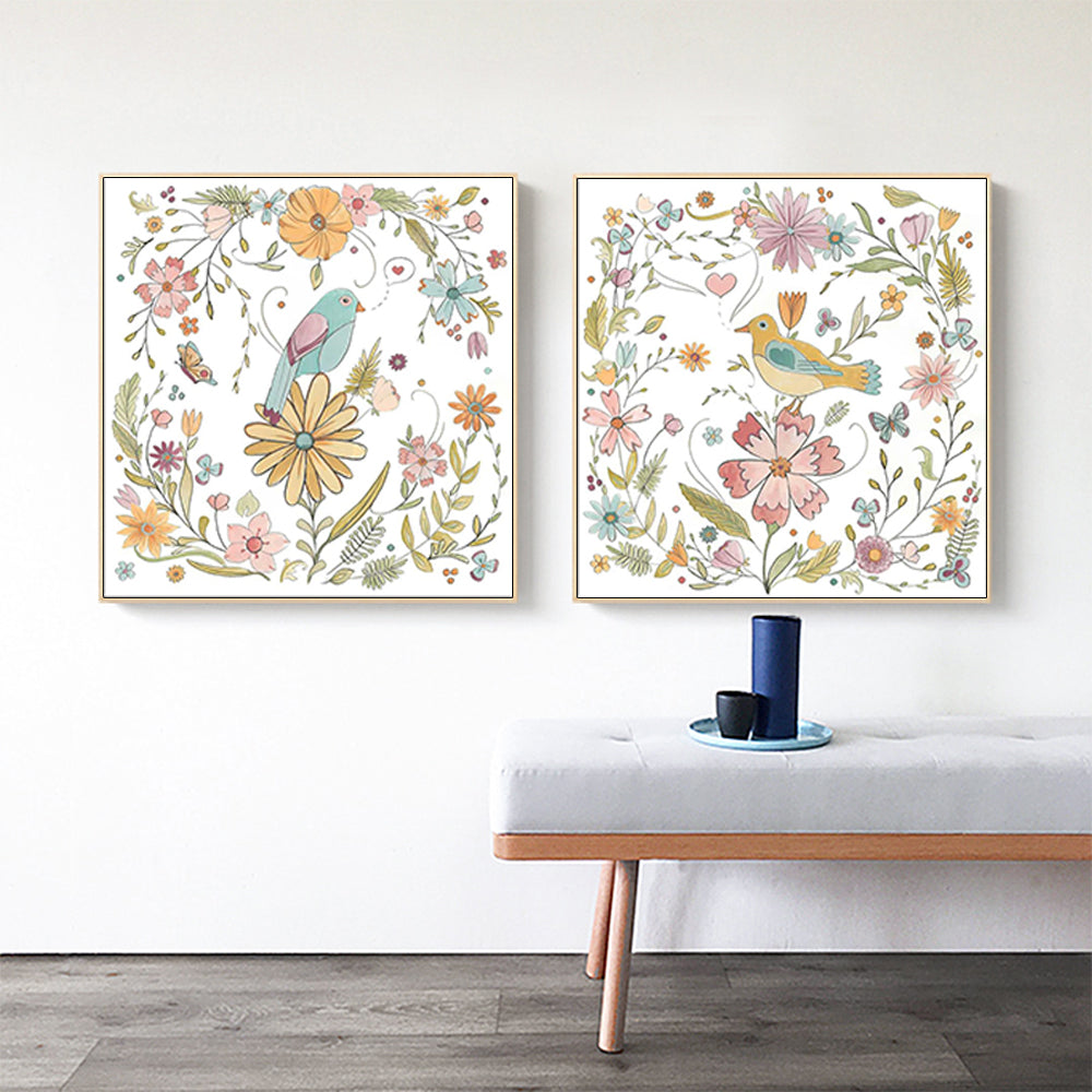 50cmx50cm Floral Birds Canvas Wall Art in a gold frame, showcasing vibrant colors and intricate designs.