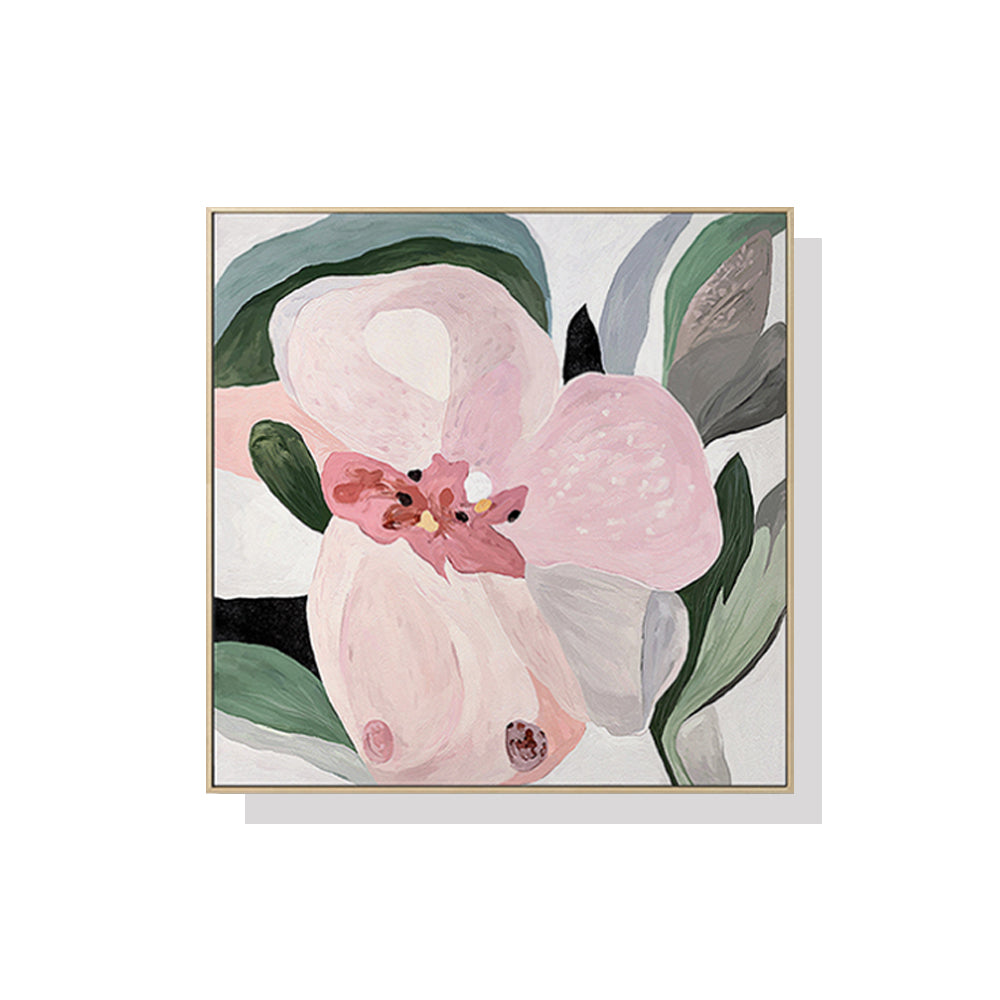 50cmx50cm floral hand-painted canvas wall art in a wooden frame, showcasing vibrant colors and a floating effect.