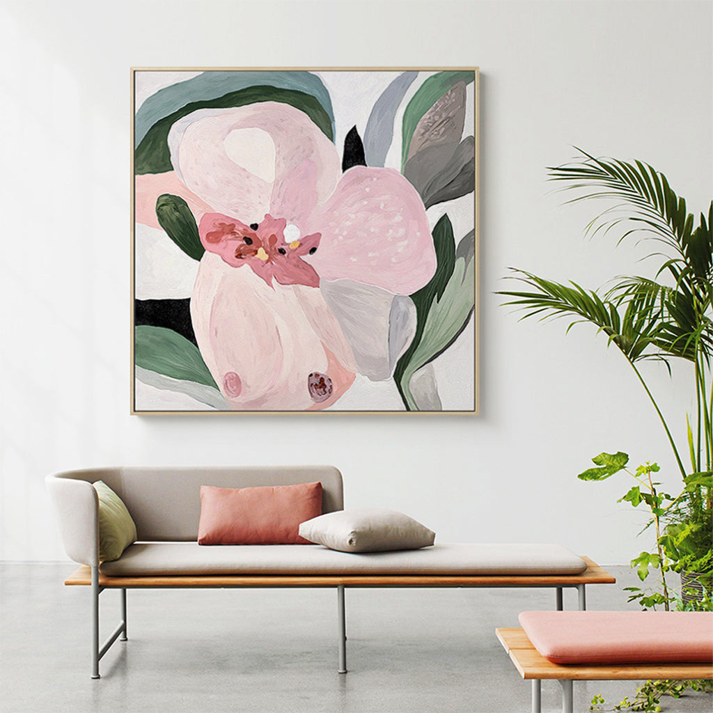 50cmx50cm floral hand-painted canvas wall art in a wooden frame, showcasing vibrant colors and a floating effect.