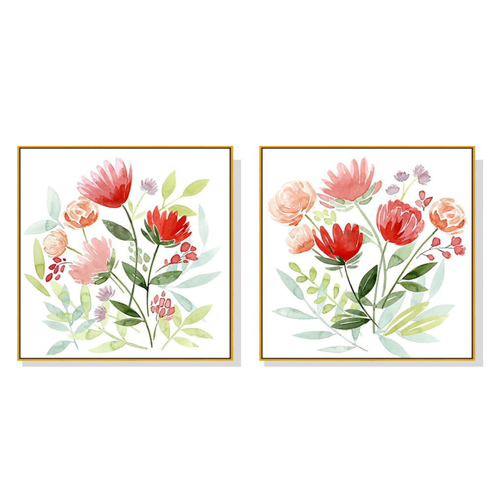 50cmx50cm canvas wall art featuring floral designs in a gold frame, elegantly displayed and ready to hang.