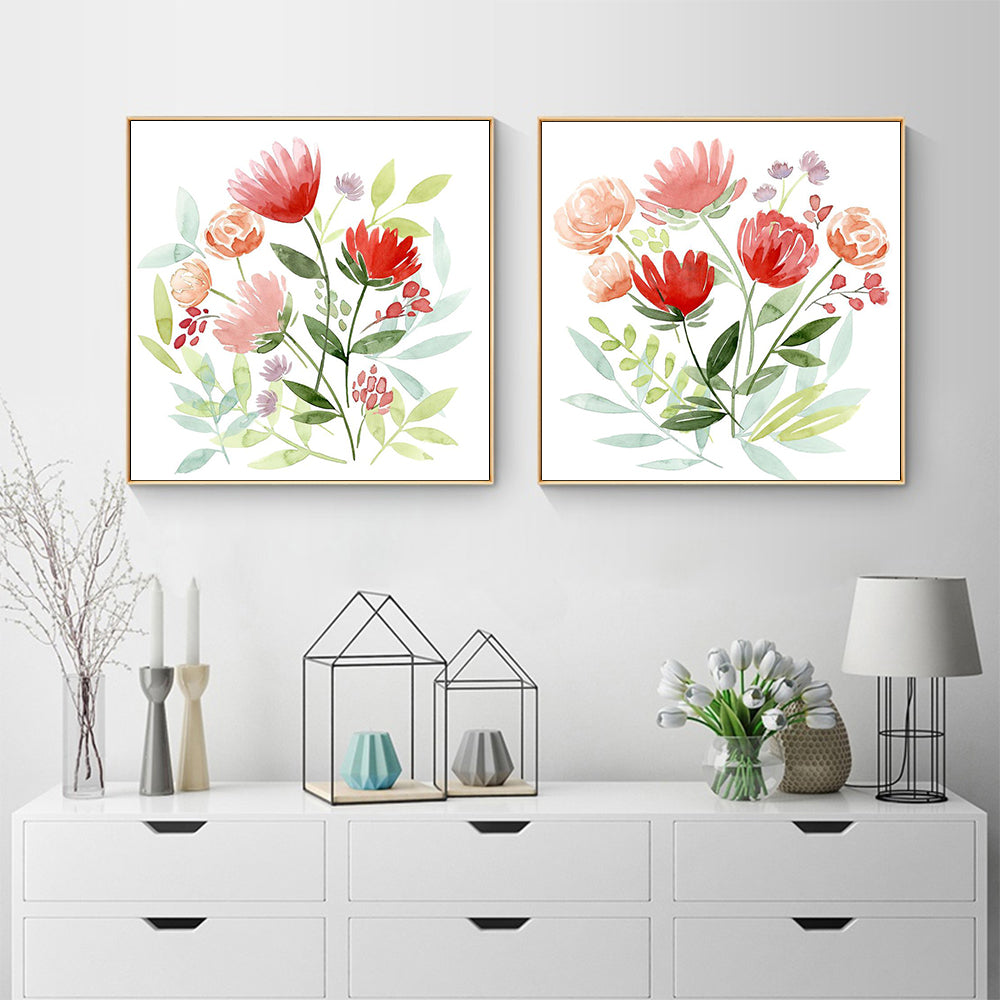 50cmx50cm canvas wall art featuring floral designs in a gold frame, elegantly displayed and ready to hang.