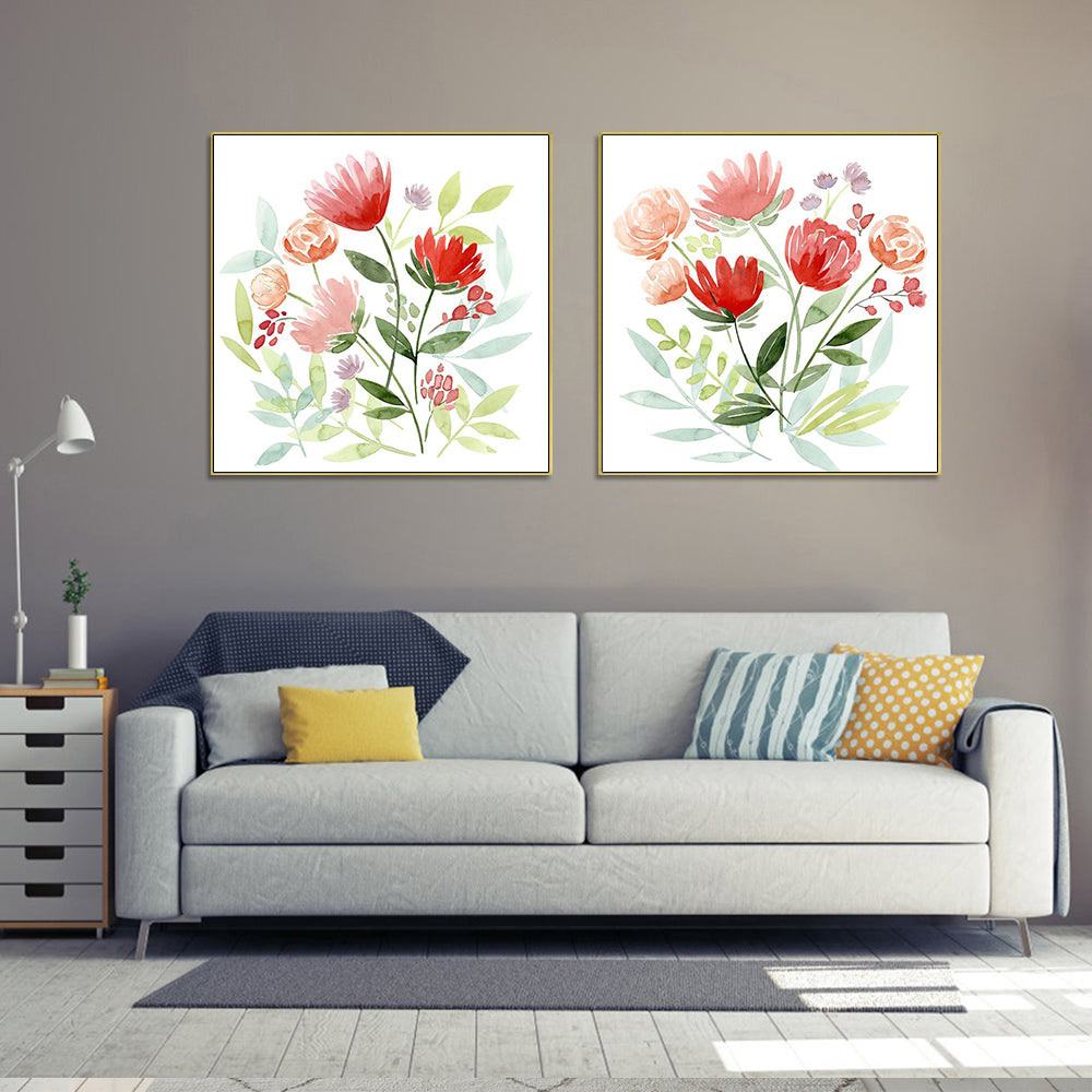 50cmx50cm canvas wall art featuring floral designs in a gold frame, elegantly displayed and ready to hang.