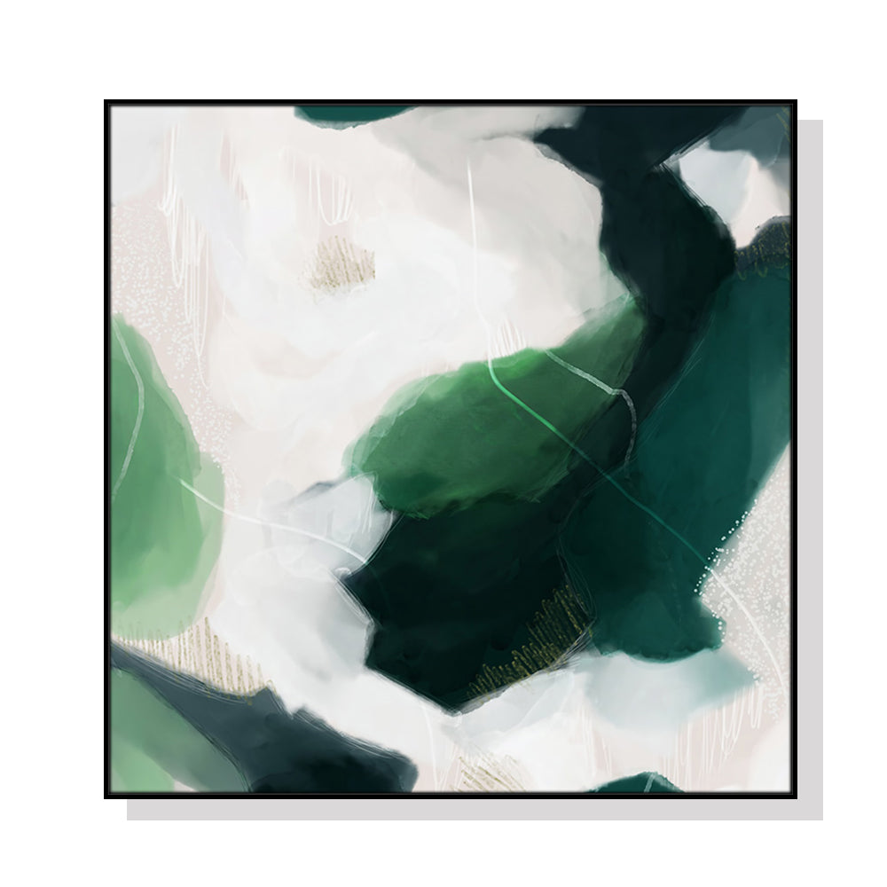 50cmx50cm French Abstract Canvas Wall Art in a black floating frame, showcasing vibrant green and black colors.