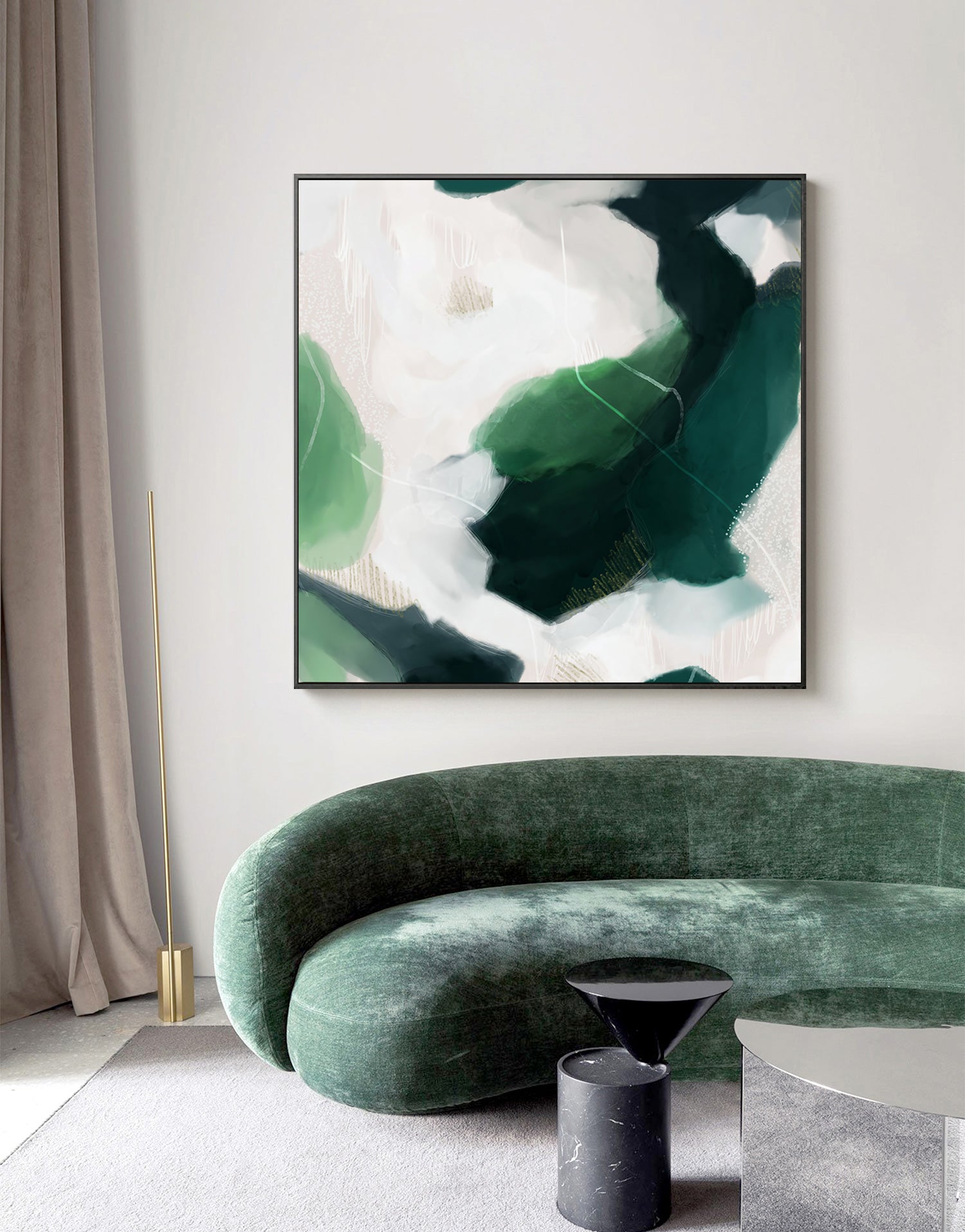 50cmx50cm French Abstract Canvas Wall Art in a black floating frame, showcasing vibrant green and black colors.