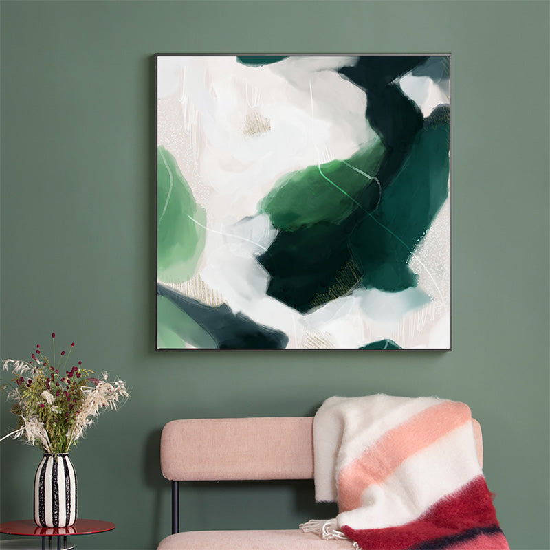 50cmx50cm French Abstract Canvas Wall Art in a black floating frame, showcasing vibrant green and black colors.