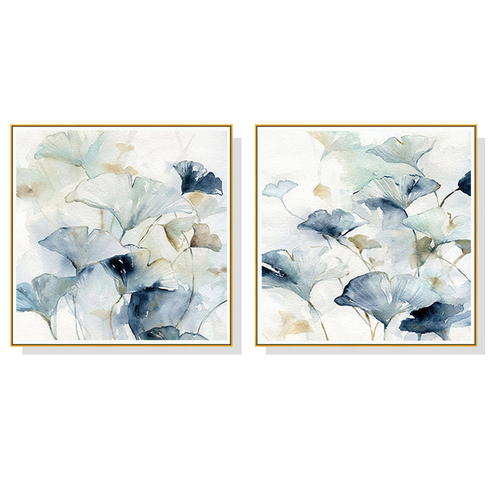 50cmx50cm canvas art featuring Gingko leaves, elegantly framed in gold, showcasing vibrant colors and a floating effect.