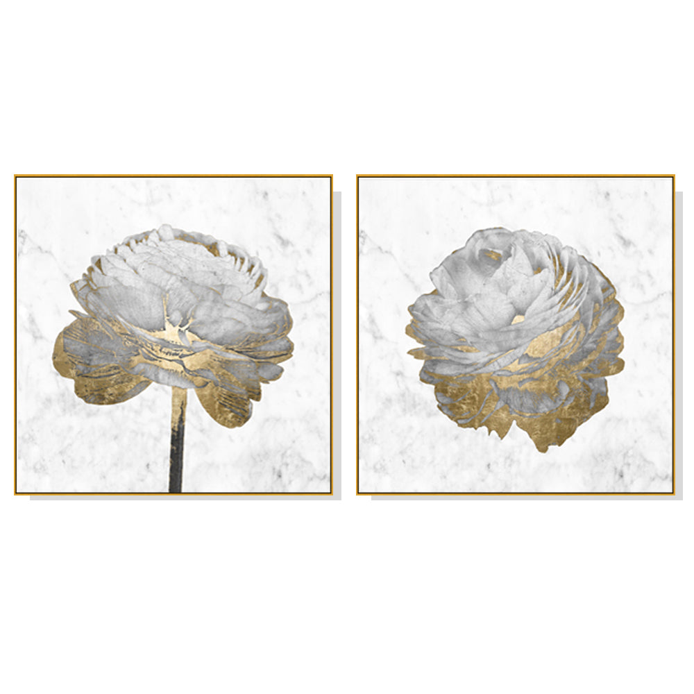 50cmx50cm canvas art featuring gold and white blossoms on a white background, framed in a stylish floating frame.