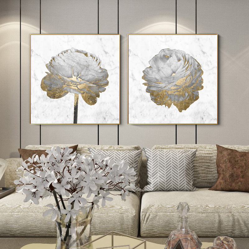 50cmx50cm canvas art featuring gold and white blossoms on a white background, framed in a stylish floating frame.