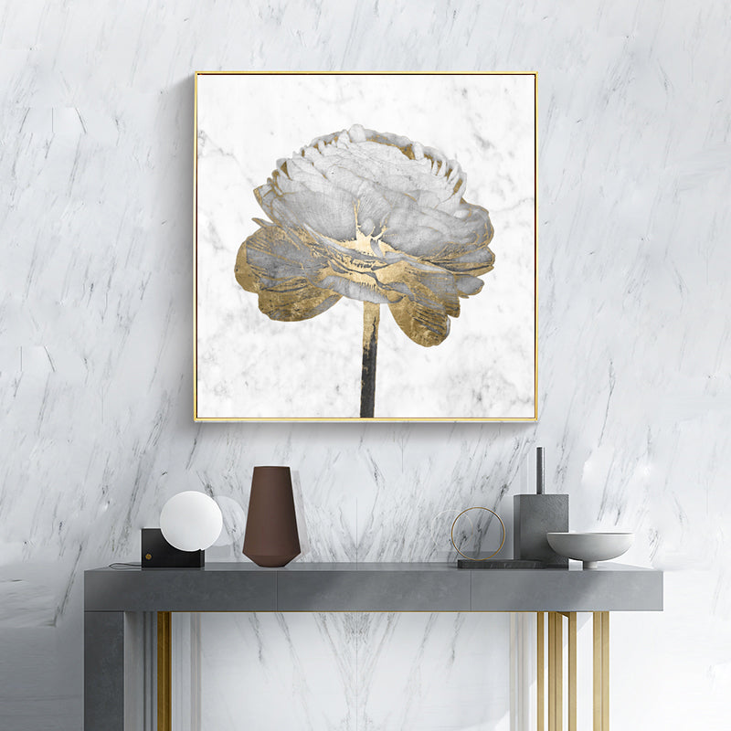 50cmx50cm canvas art featuring gold and white blossoms on a white background, framed in a stylish floating frame.