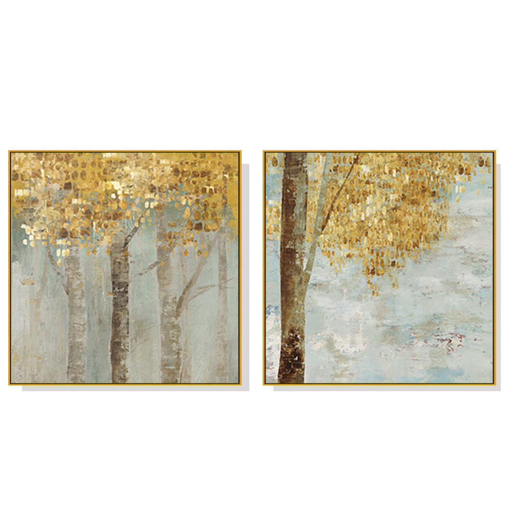 50cmx50cm canvas wall art featuring golden leaves in a luxurious gold frame, showcasing a floating effect design.