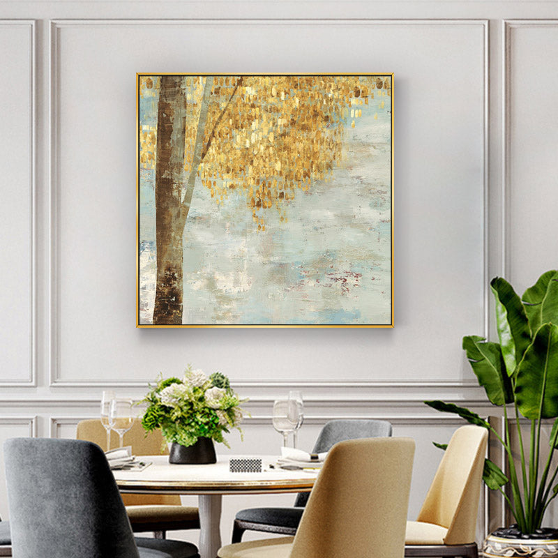 50cmx50cm canvas wall art featuring golden leaves in a luxurious gold frame, showcasing a floating effect design.