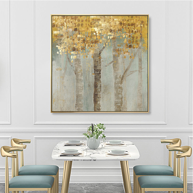 50cmx50cm canvas wall art featuring golden leaves in a luxurious gold frame, showcasing a floating effect design.