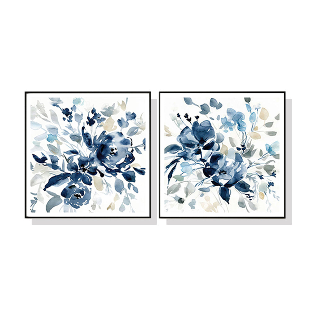 50cmx50cm Indigo Garden canvas art by Carol Robinson, framed in black with a floating effect, showcasing vibrant colors and intricate details.