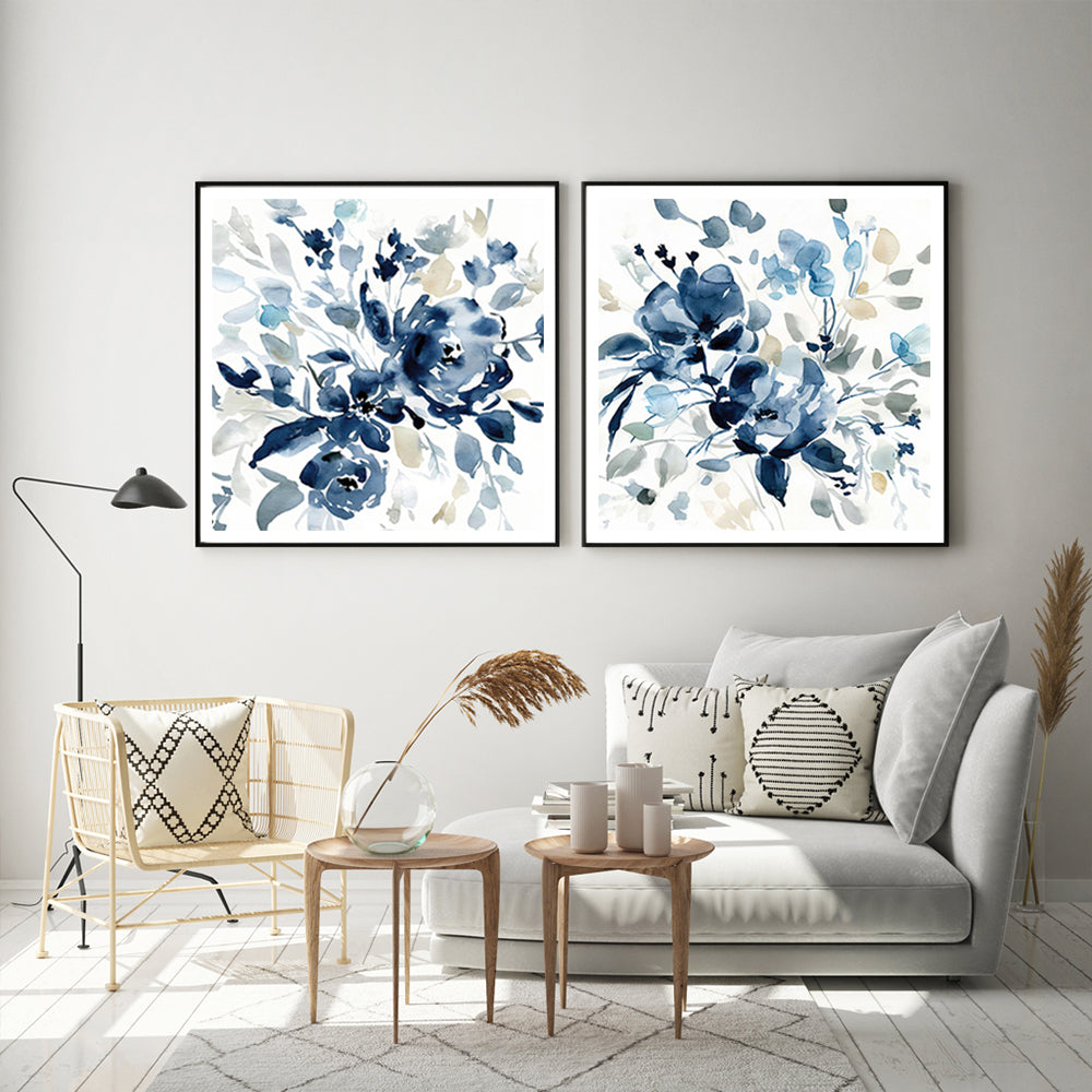 50cmx50cm Indigo Garden canvas art by Carol Robinson, framed in black with a floating effect, showcasing vibrant colors and intricate details.