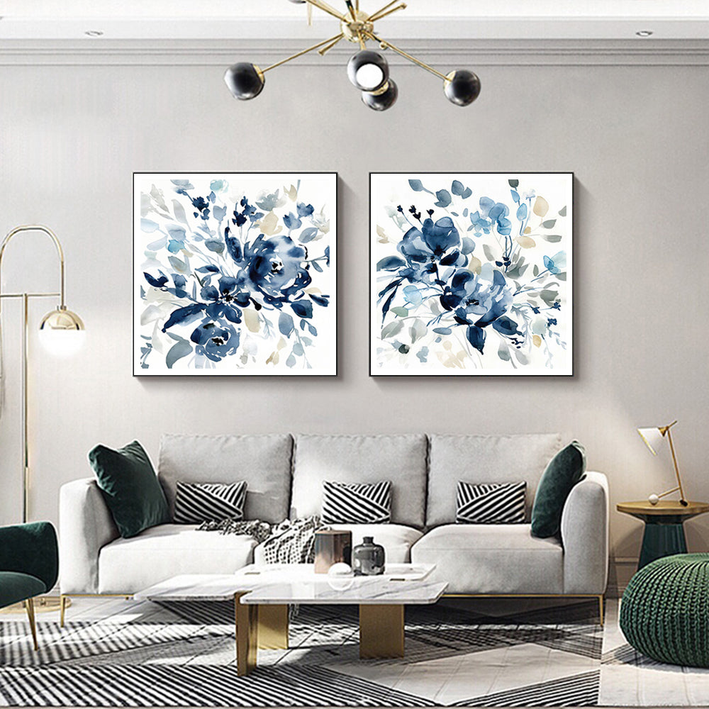 50cmx50cm Indigo Garden canvas art by Carol Robinson, framed in black with a floating effect, showcasing vibrant colors and intricate details.