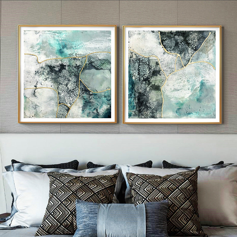 50cmx50cm marbled green canvas wall art framed in gold, showcasing a floating effect and premium quality.