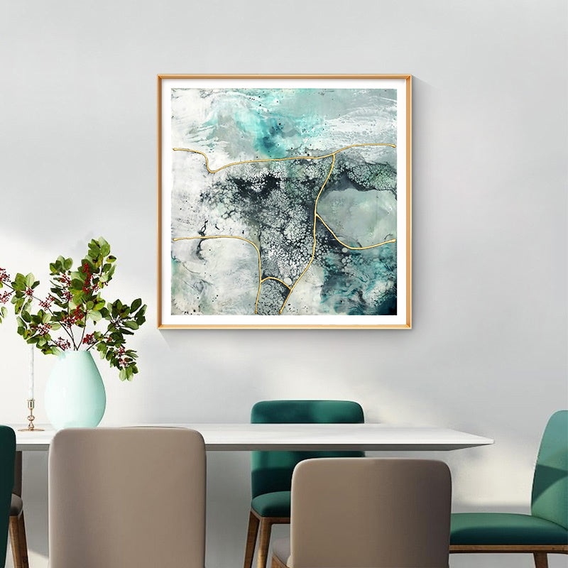 50cmx50cm marbled green canvas wall art framed in gold, showcasing a floating effect and premium quality.