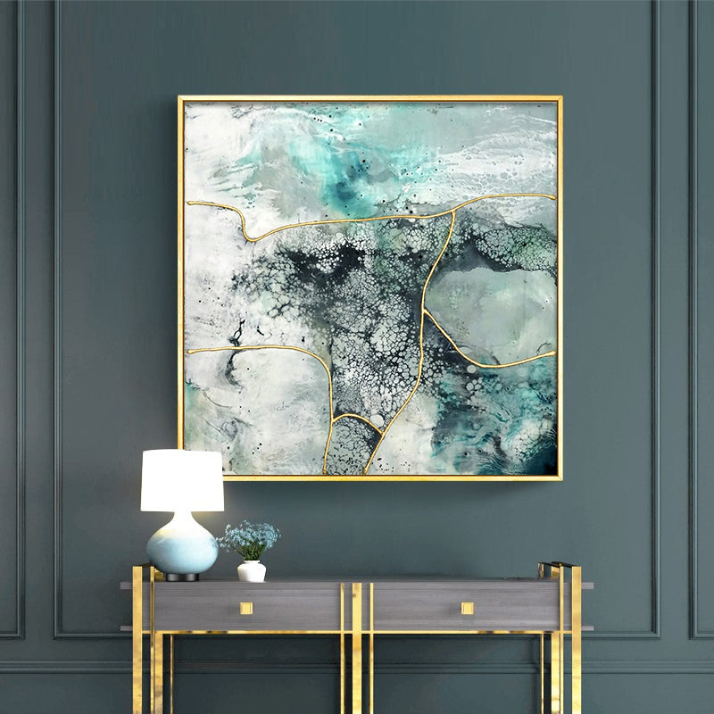 50cmx50cm marbled green canvas wall art framed in gold, showcasing a floating effect and premium quality.