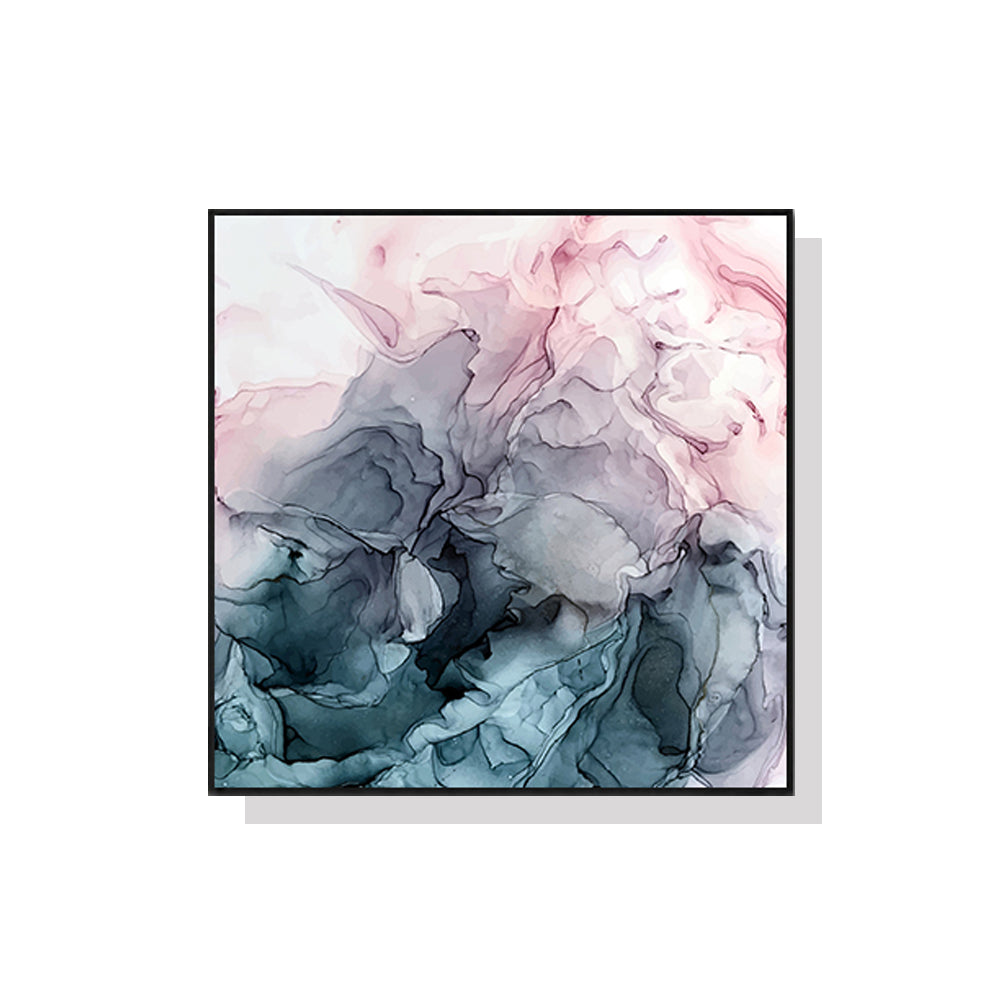 50cmx50cm marbled canvas wall art in pink, grey, and black, framed with a floating design, showcasing elegant colors and textures.