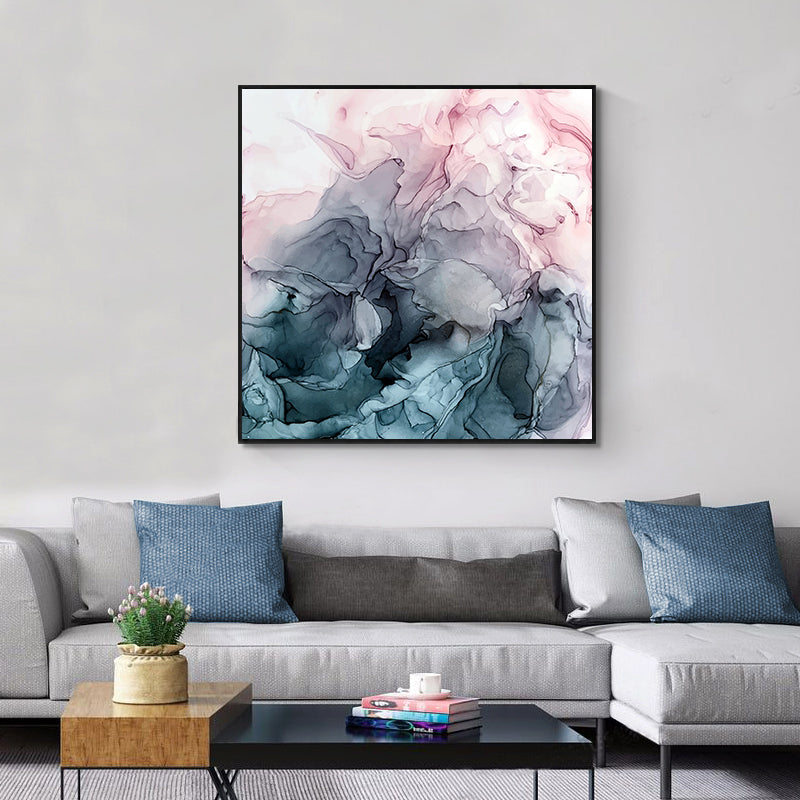 50cmx50cm marbled canvas wall art in pink, grey, and black, framed with a floating design, showcasing elegant colors and textures.