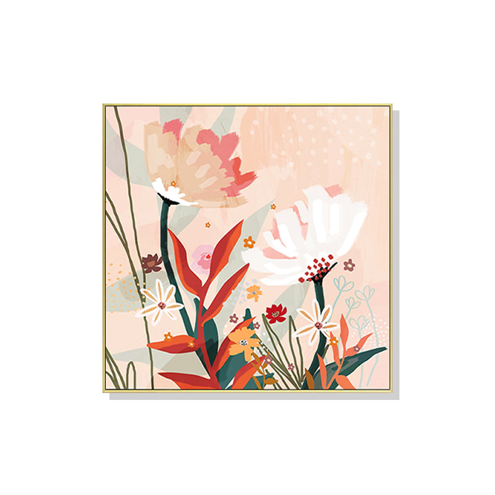 50cmx50cm Native Floral Canvas Wall Art in a gold frame, showcasing vibrant floral designs and a modern floating effect.