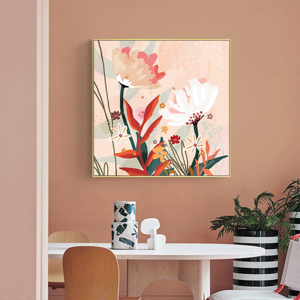 50cmx50cm Native Floral Canvas Wall Art in a gold frame, showcasing vibrant floral designs and a modern floating effect.