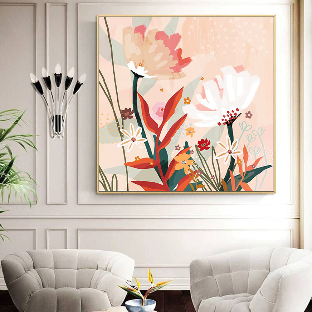 50cmx50cm Native Floral Canvas Wall Art in a gold frame, showcasing vibrant floral designs and a modern floating effect.